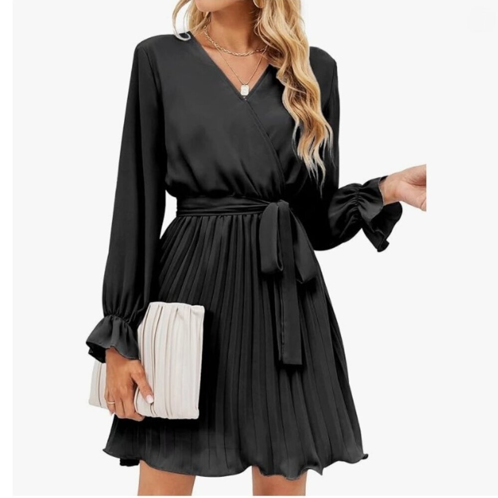 Casual Dress Long Puff Sleeve V Neck Pleated Ruffle Flowy Belted
